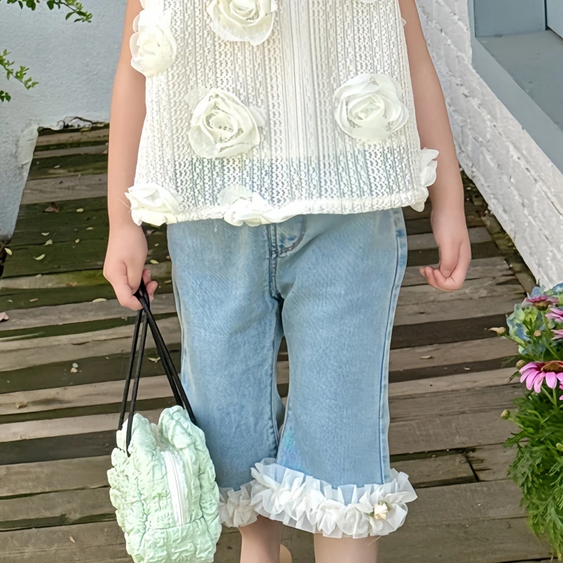 女童蕾丝花边七分牛仔裤夏装G-12265女宝百搭韩版裤子