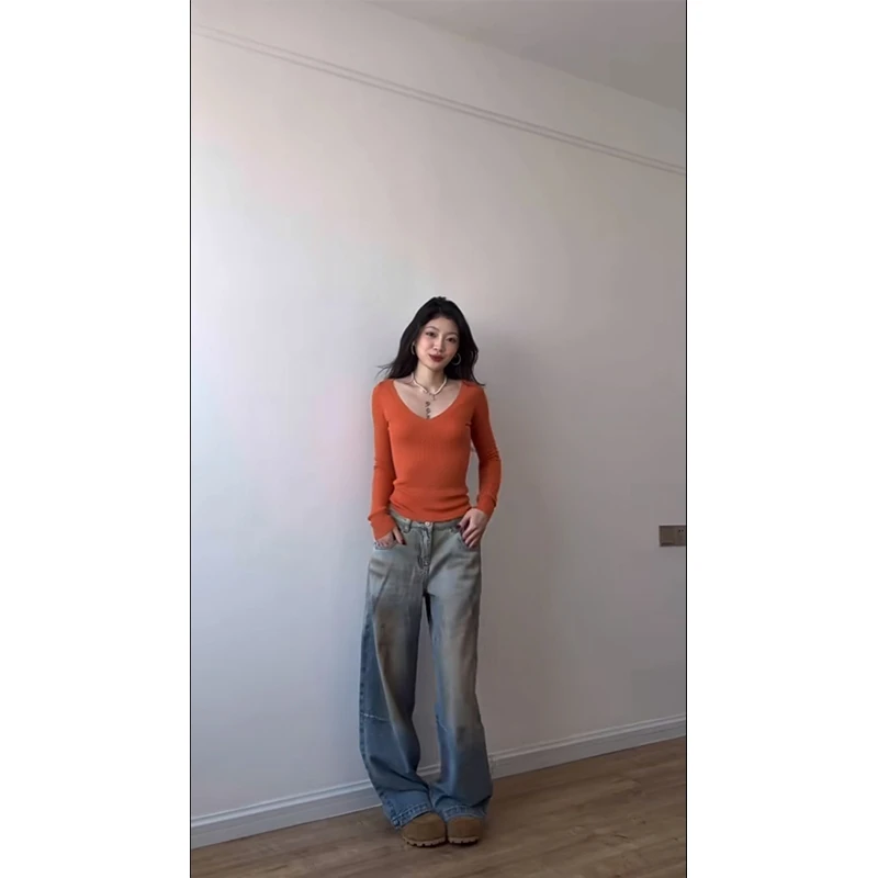 2025秋季新款时尚简约修身显瘦针织衫V领百搭上衣高腰牛仔长裤女