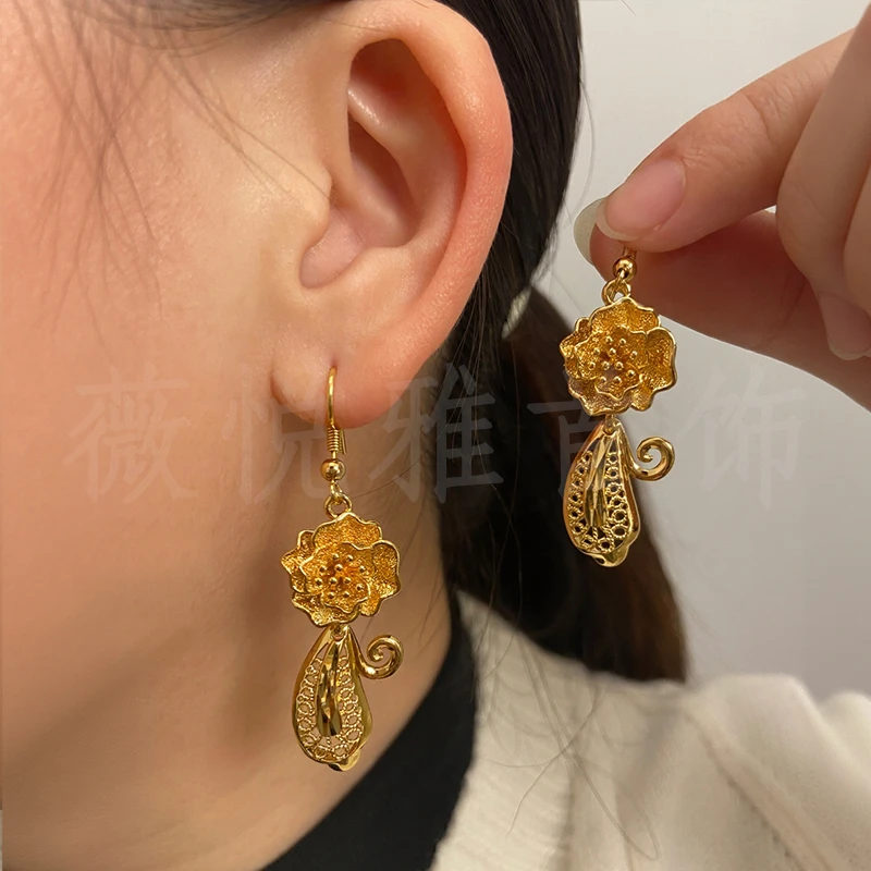 28F耳钩花朵耳环百搭金色简约气质精美耳坠 时尚耳饰