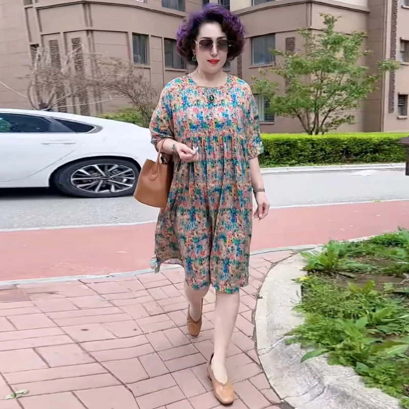 碎花裙休闲百搭连衣裙圆领大版裙夏季新款中老年妈妈时髦印花裙子