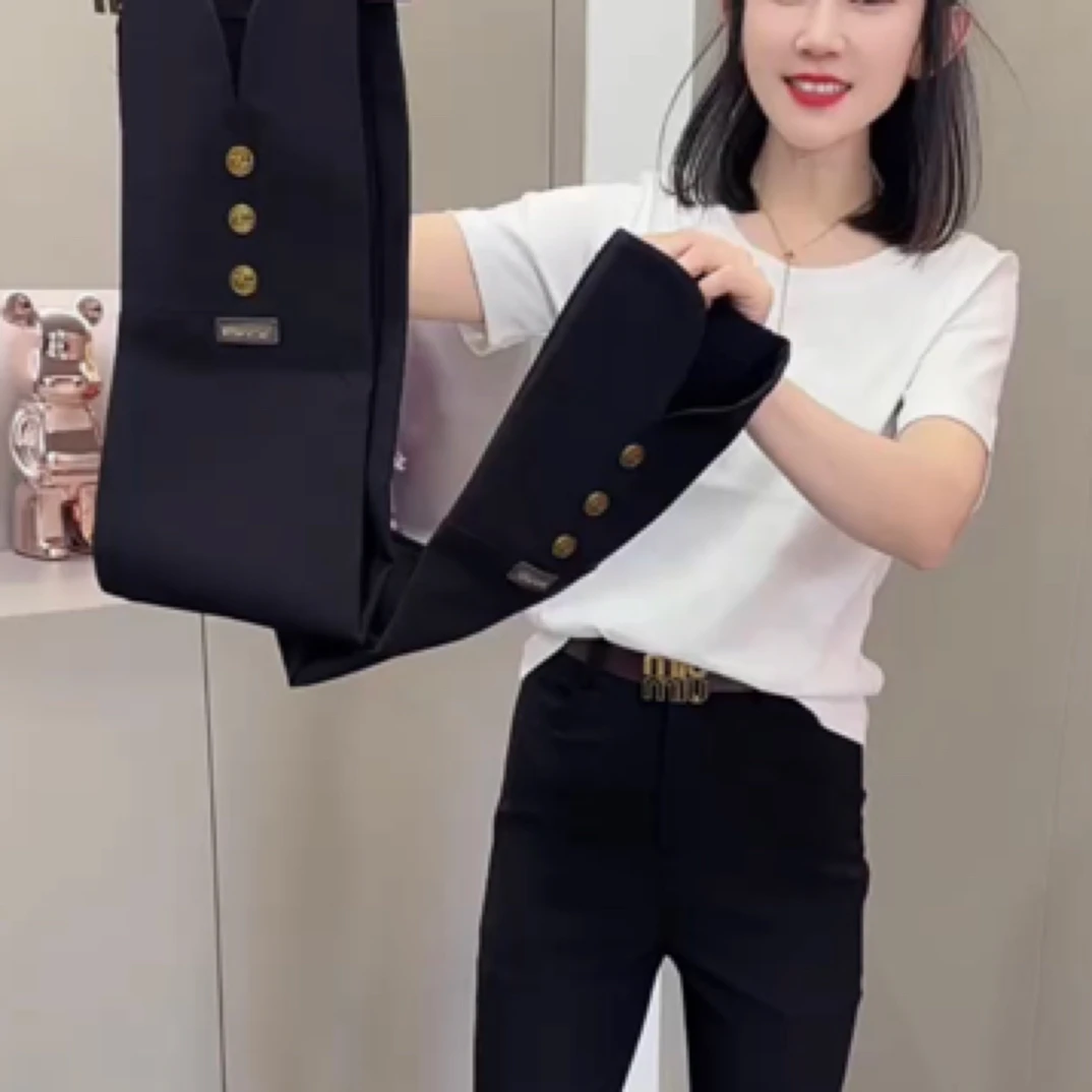 早春新款时尚百搭后开衩修身显瘦9分休闲裤