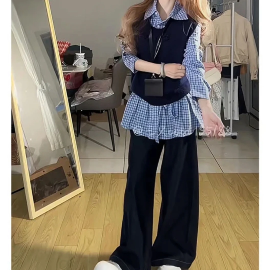 大码女装韩系穿搭马甲格子衬衫阔腿裤舒适百搭套装