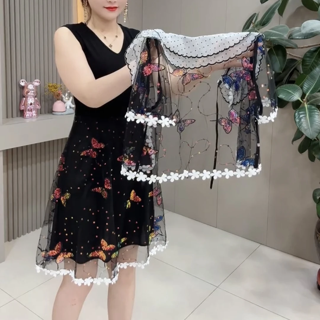 时尚洋气防晒网纱刺绣显瘦连衣裙两件套