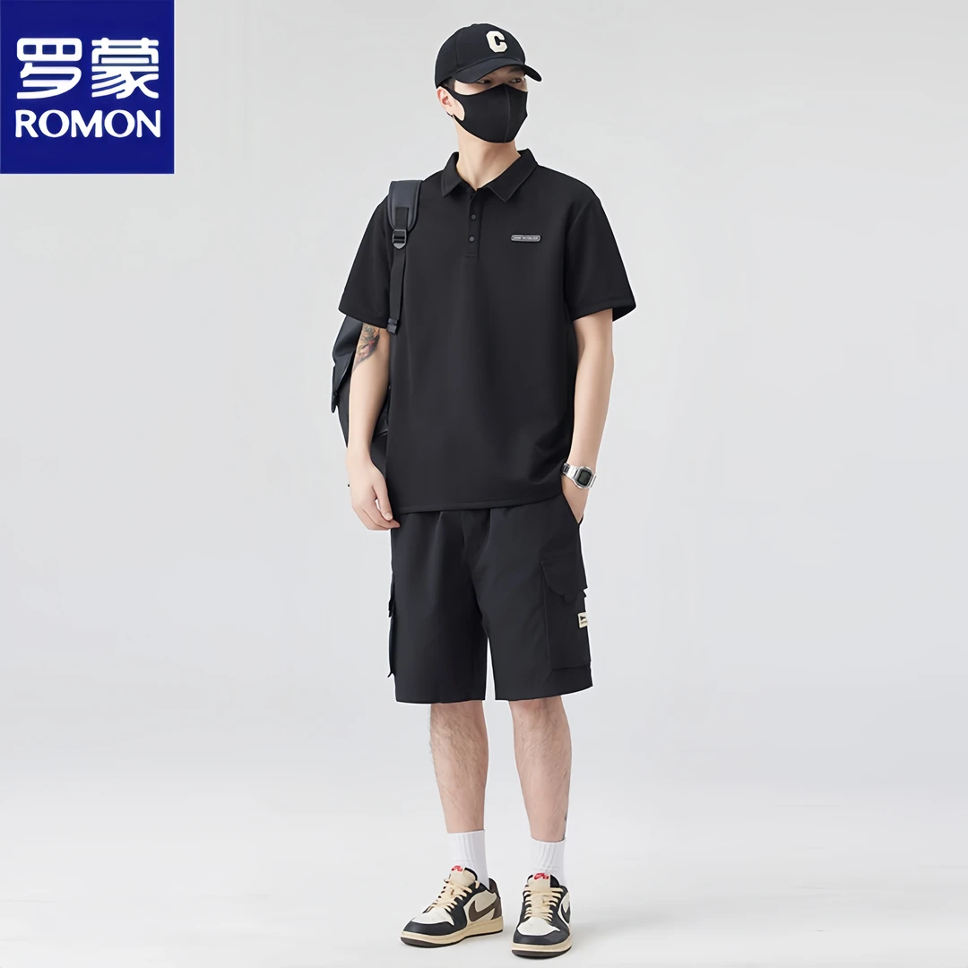 Romon/罗蒙工装裤短袖夏季休闲运动套装潮流百搭男简约薄款Polo衫
