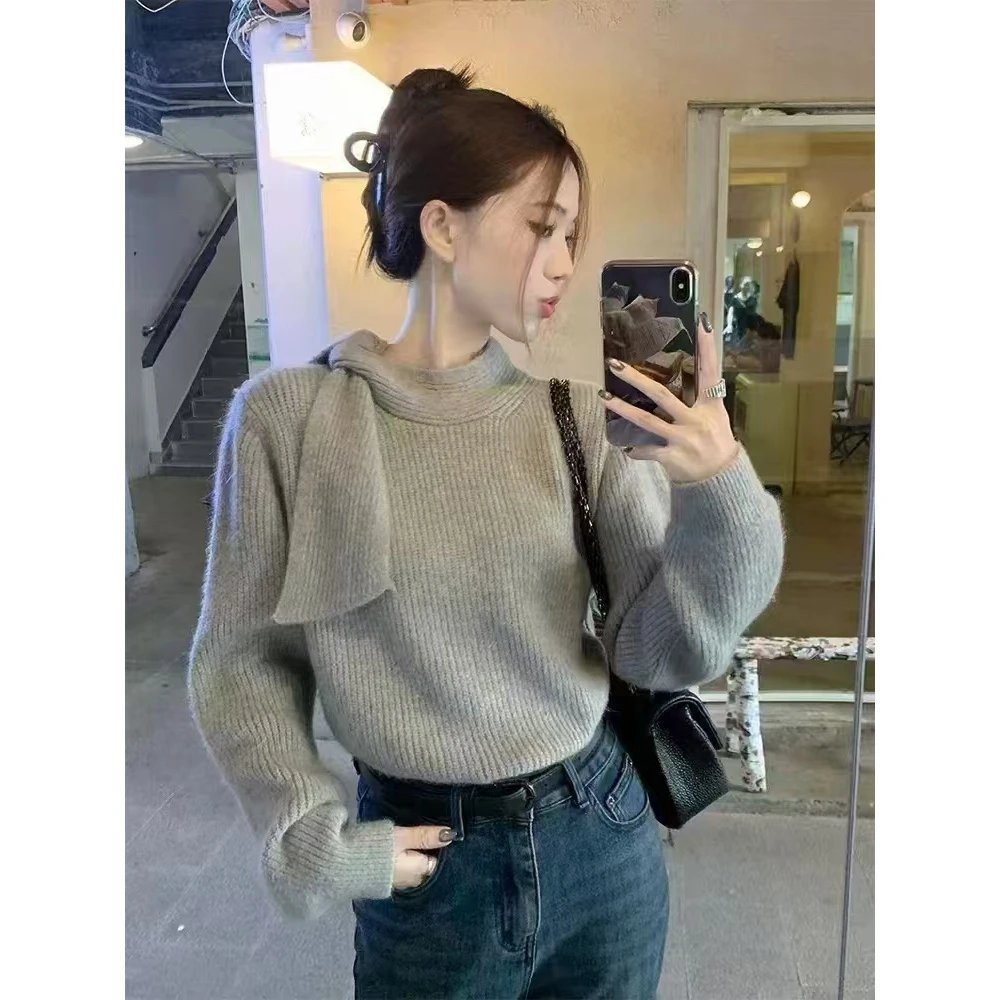 法式优雅温柔显瘦针织衫上衣女蝴蝶结绑带立领长袖套头毛衣网红