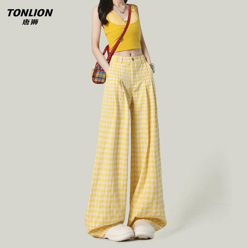 唐狮夏日独特多巴胺黄色格子休闲裤女2025新款高腰宽松阔腿裤子