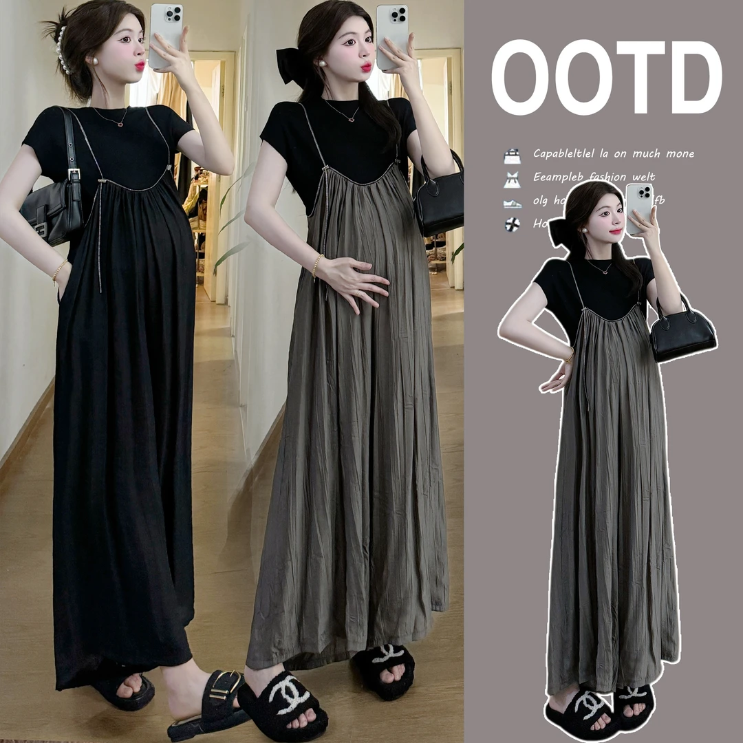 孕妇装2025孕妇夏装新款吊带阔腿裤套装宽松T恤+连体裤孕妇两件套