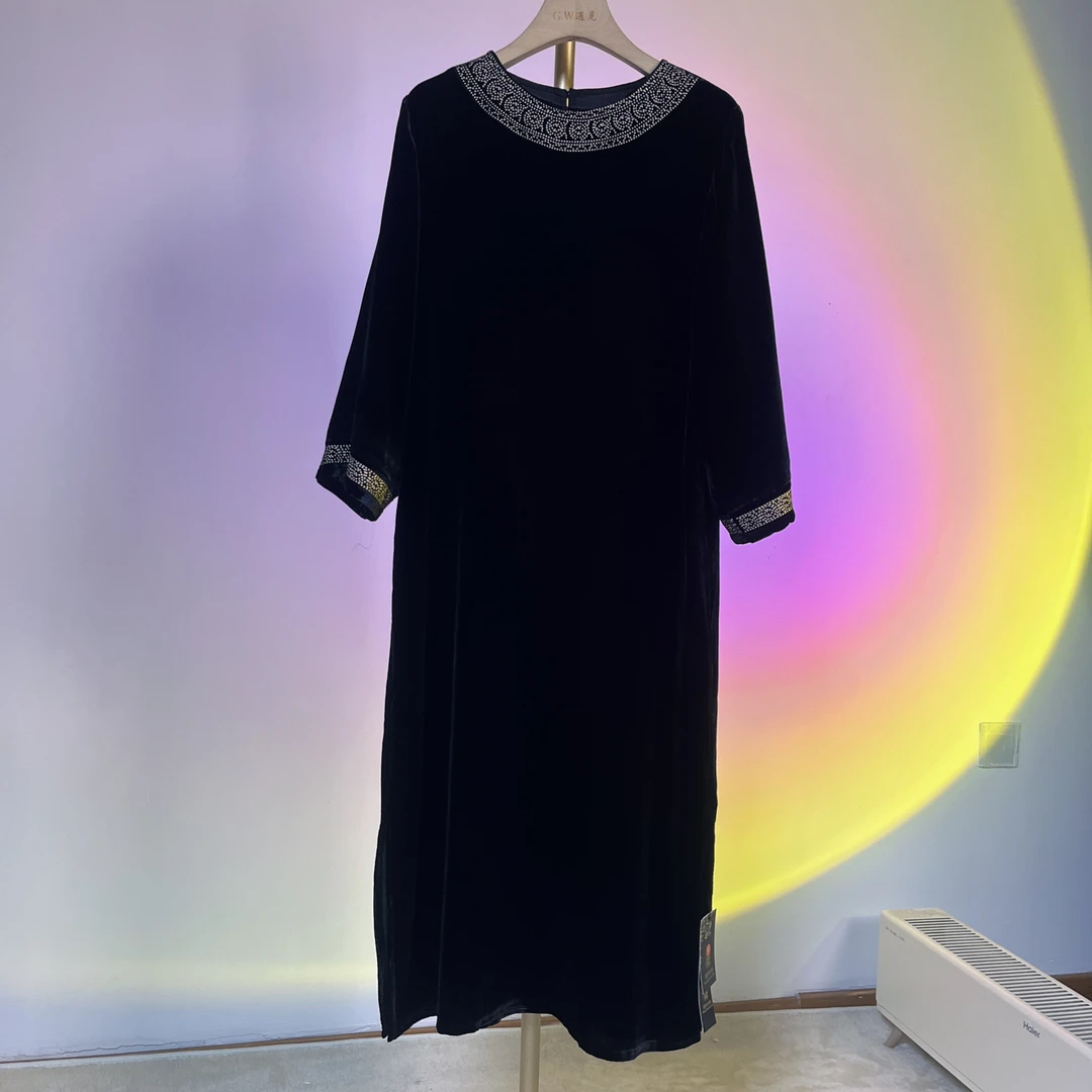 桑蚕丝真丝丝绒长款宽松显瘦女士连衣裙