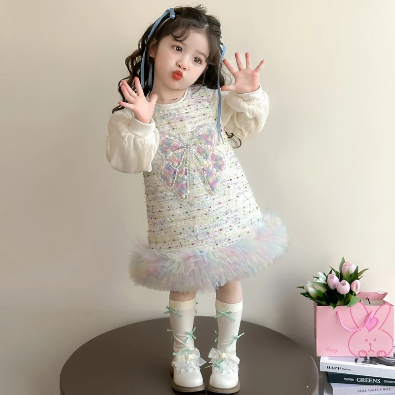 女童新款套装小香风背心连衣裙女童大蝴蝶亮片小香风打底公主裙子