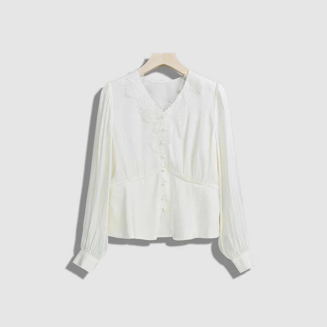 JIUJIU 时尚V领蕾丝亮片花边长袖衬衫-Y14568