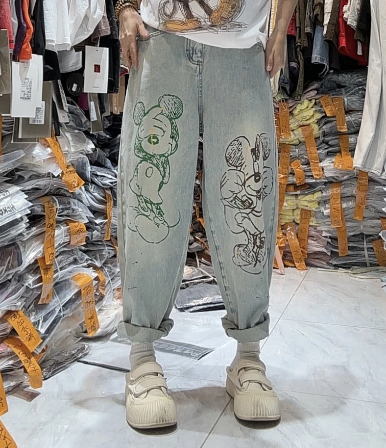 复古水洗牛仔裤女显瘦阔印花潮流休闲老爹裤春夏8093夏季宽松大码