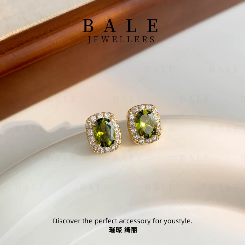 铜合金合成锆石耳饰 E2306 橄榄绿小方糖时尚轻奢百搭