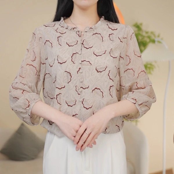 2025春夏新款复古气质优雅月半花上衣小衫#8492