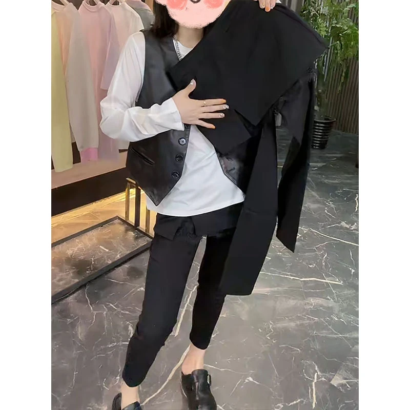 弹力显瘦直筒休闲裤女春季新款大码时尚百搭减龄高腰拼蕾丝小黑裤