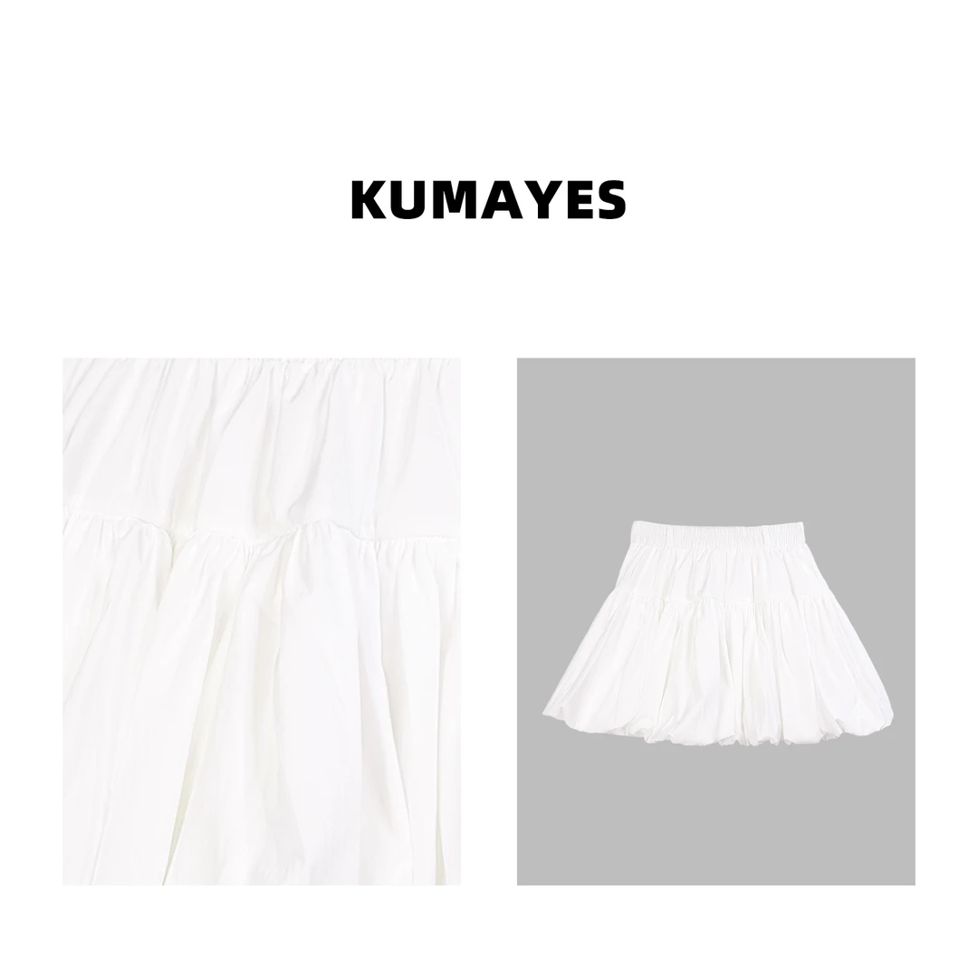 KUMAYES奶油泡芙 压褶百搭花苞裙女夏季松紧腰A字显瘦灯笼短裙