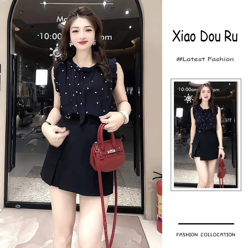 夏季流行穿搭整套新款2025韩系甜美风爱心点无袖上衣半身裙两件套