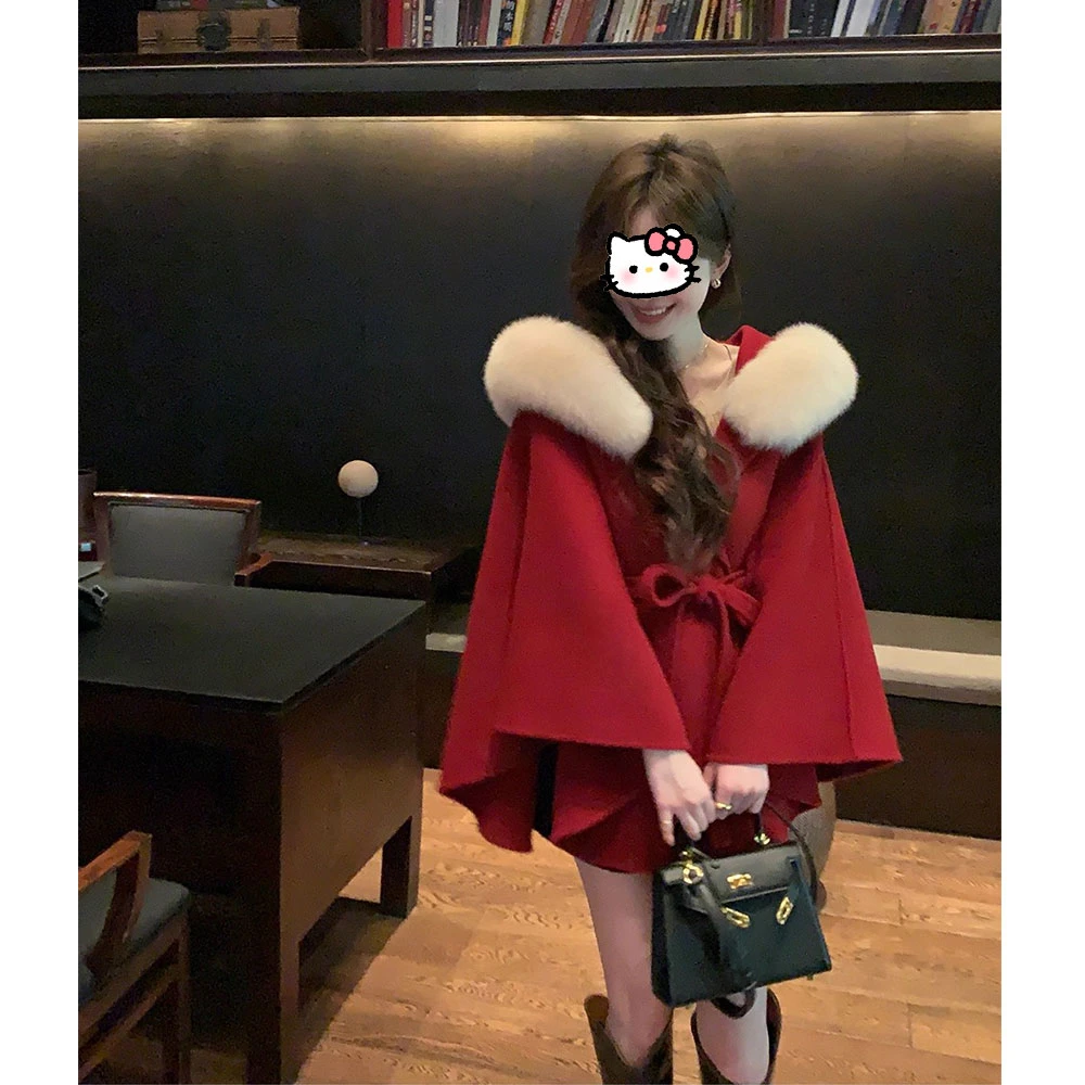 【现货】红色双面呢连帽斗篷大衣女2025秋季韩系毛领温柔风披肩外套