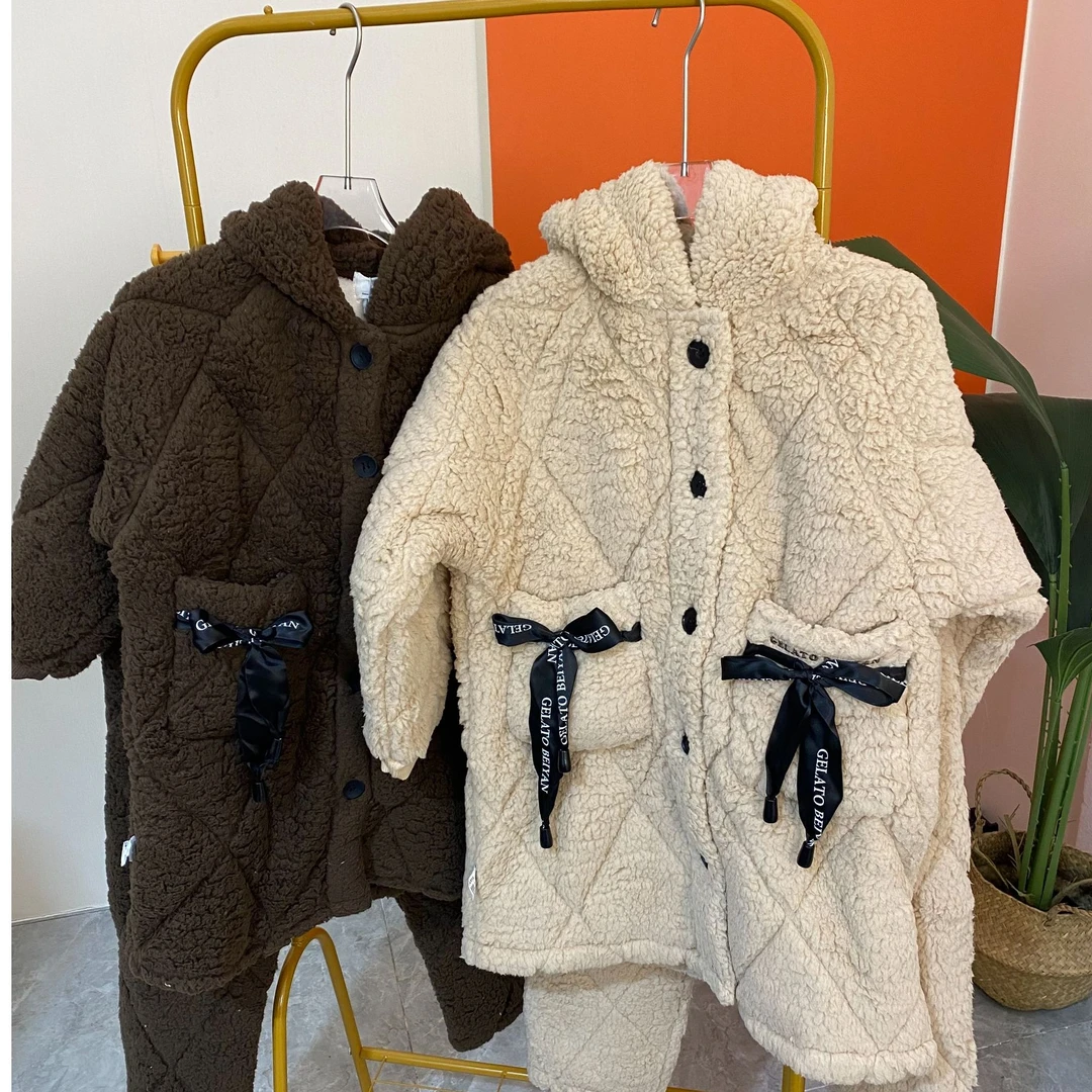 三层夹棉冬季睡衣家居服套装冬款珊瑚绒帽子款韩版套装时尚毛绒