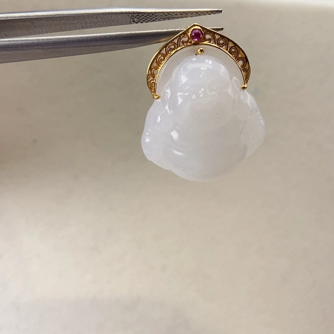和田玉（白玉）颈饰18K金镶嵌佛公