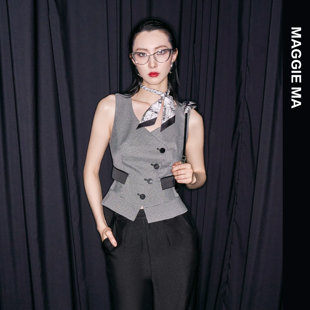 MAGGIE MA马婧设计师款知性气质优雅撞色经典复古千鸟格马甲236S
