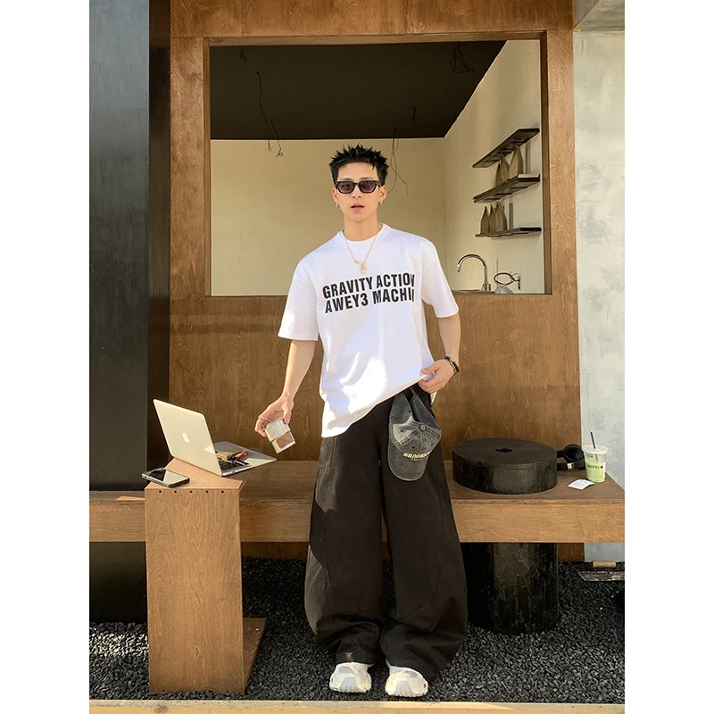 PLTH*美式复古夏季重磅短袖胶印字母百搭情侣宽松重磅圆领T恤上衣