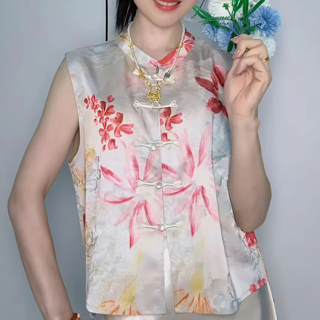 【如鱼得水】2025夏季百搭新款提花印花立领新中式无袖时尚上衣马夹