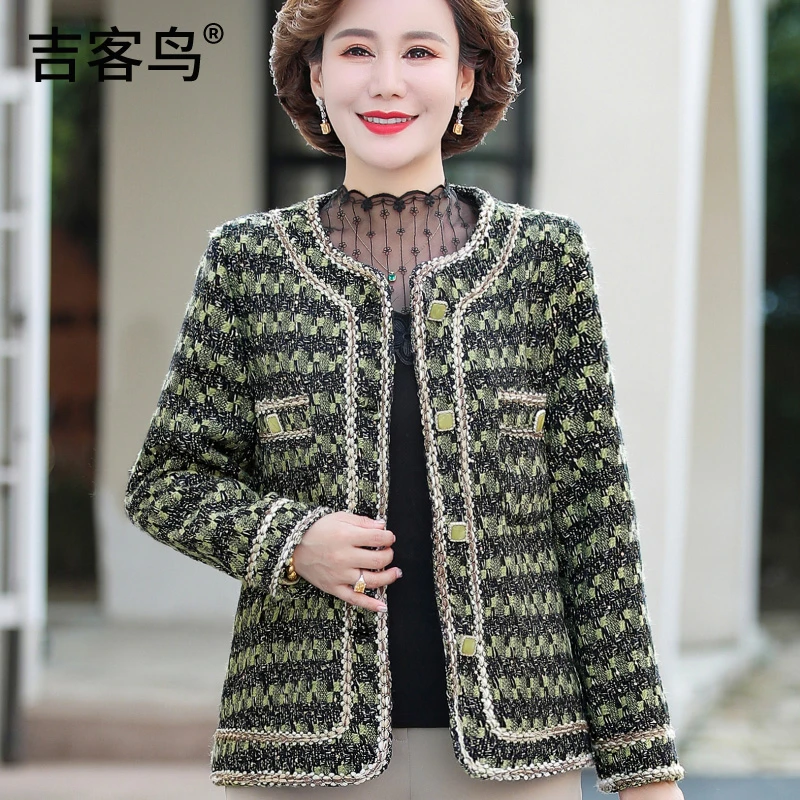 中年妈妈春装小香风中老年人女装春秋季气质百搭洋气格子上衣外套