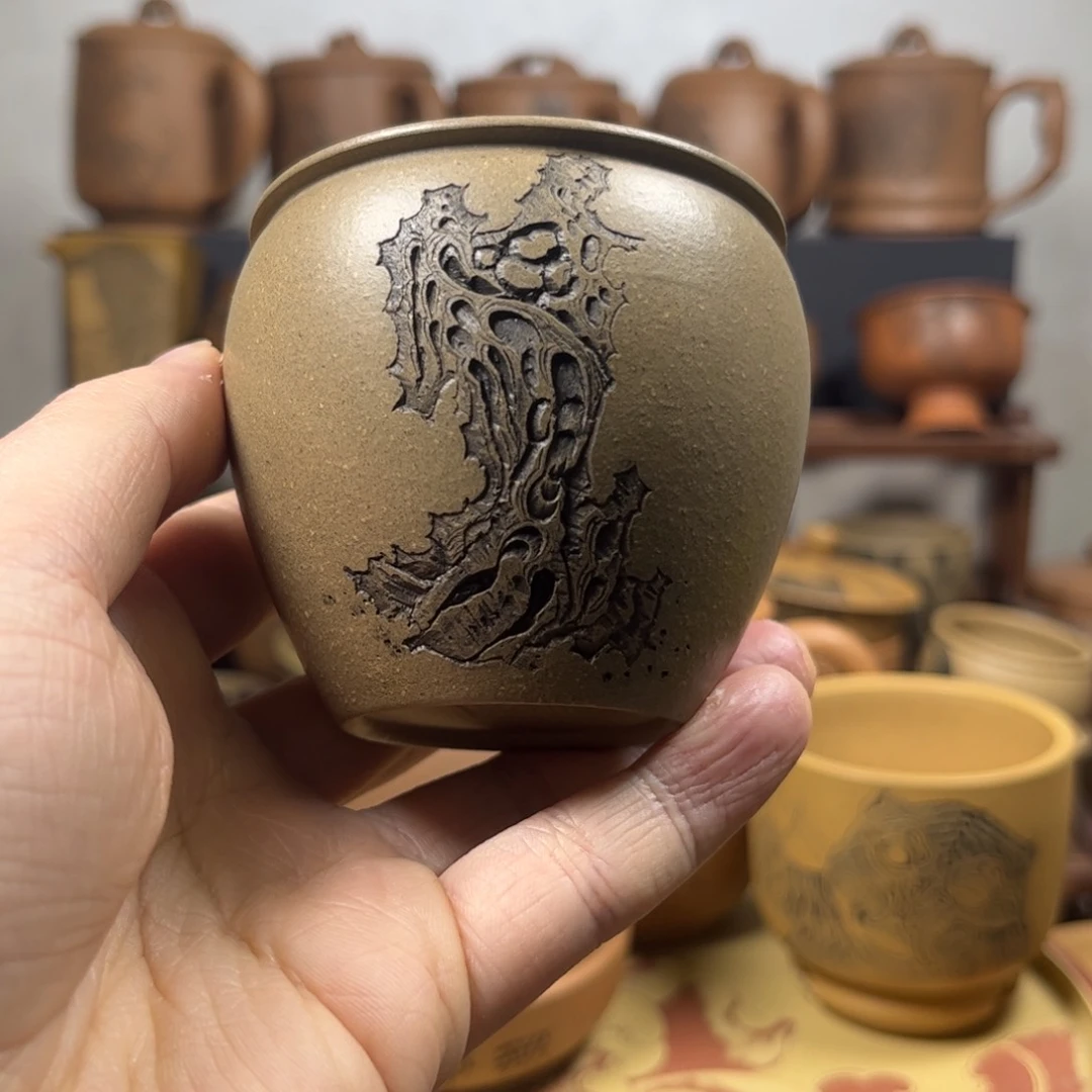 紫砂杯子完**暴微瑕疵太湖石刻绘紫砂主人杯