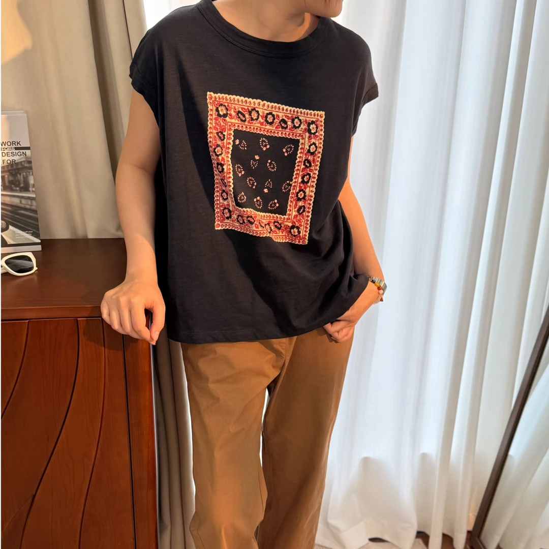 【波浪】夏季背心方块波浪印花复古宽松无袖T恤E79