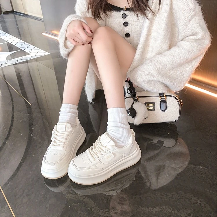 小白鞋女2024四季学生新款时尚百搭松糕厚底圆头系带小白鞋韩版