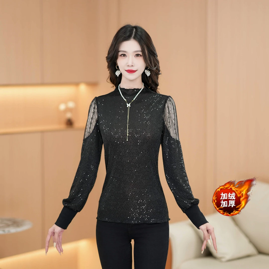 时尚气质百搭亮片黑色洋气打底衫女秋冬新款显瘦上衣