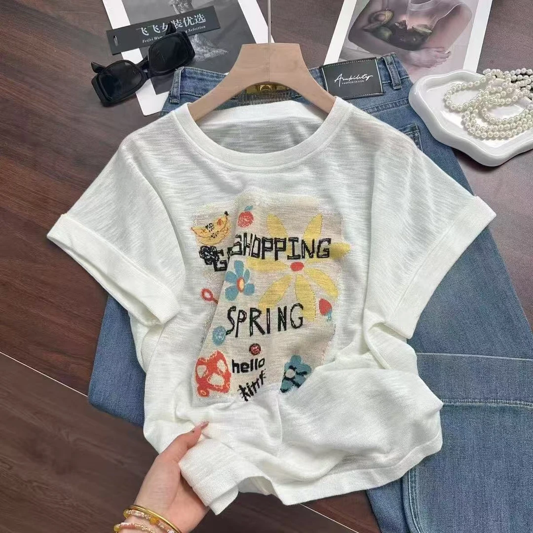 2025年新款欧货花朵短袖t恤女夏季宽松显瘦时尚上衣女600