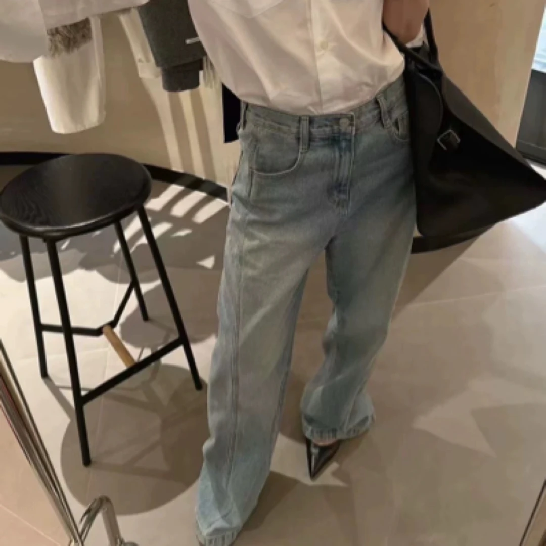 韩国东大门代购unbound25春款韩国进口面料斜线阔腿牛仔裤