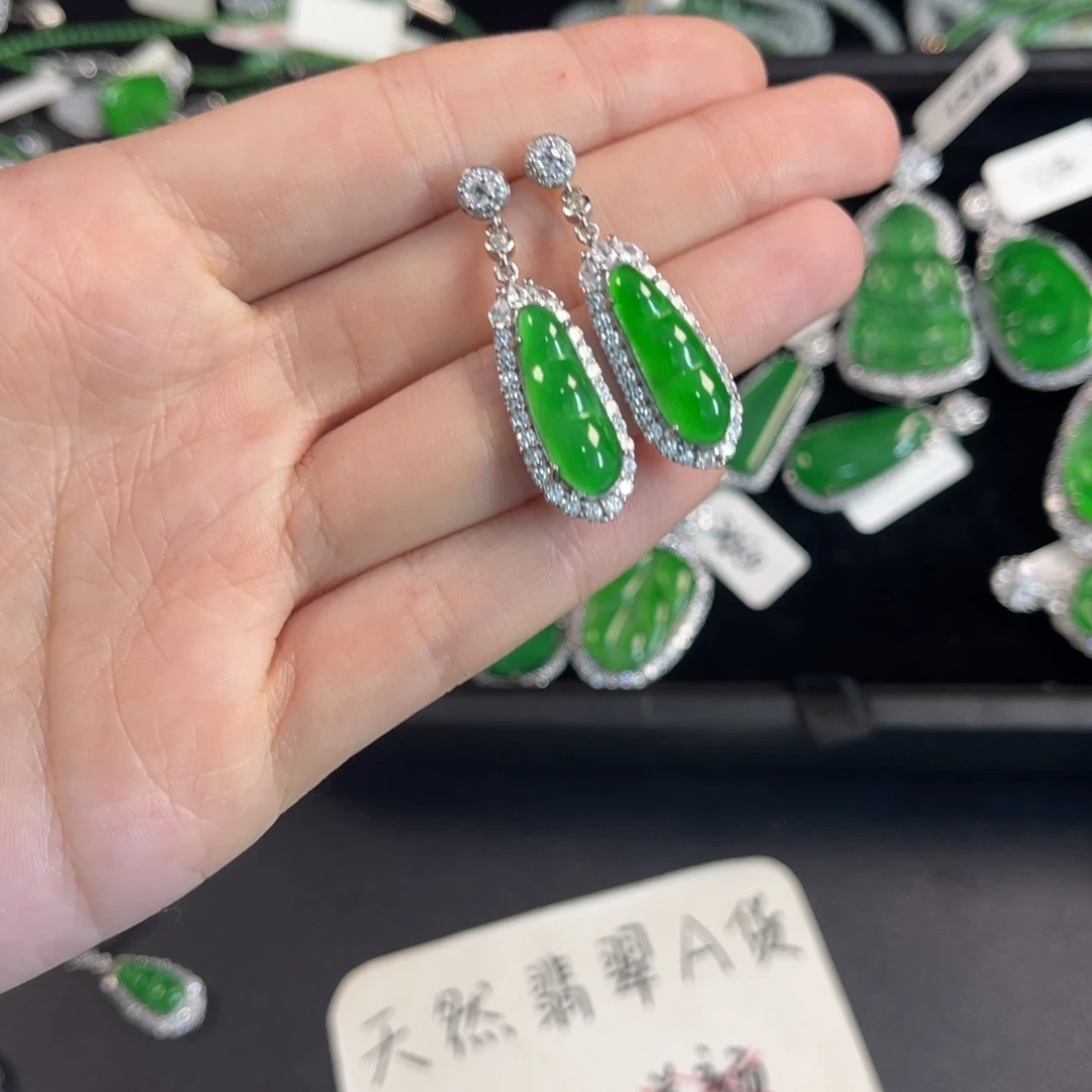 翡翠银S925镶嵌戒指福豆耳钉
