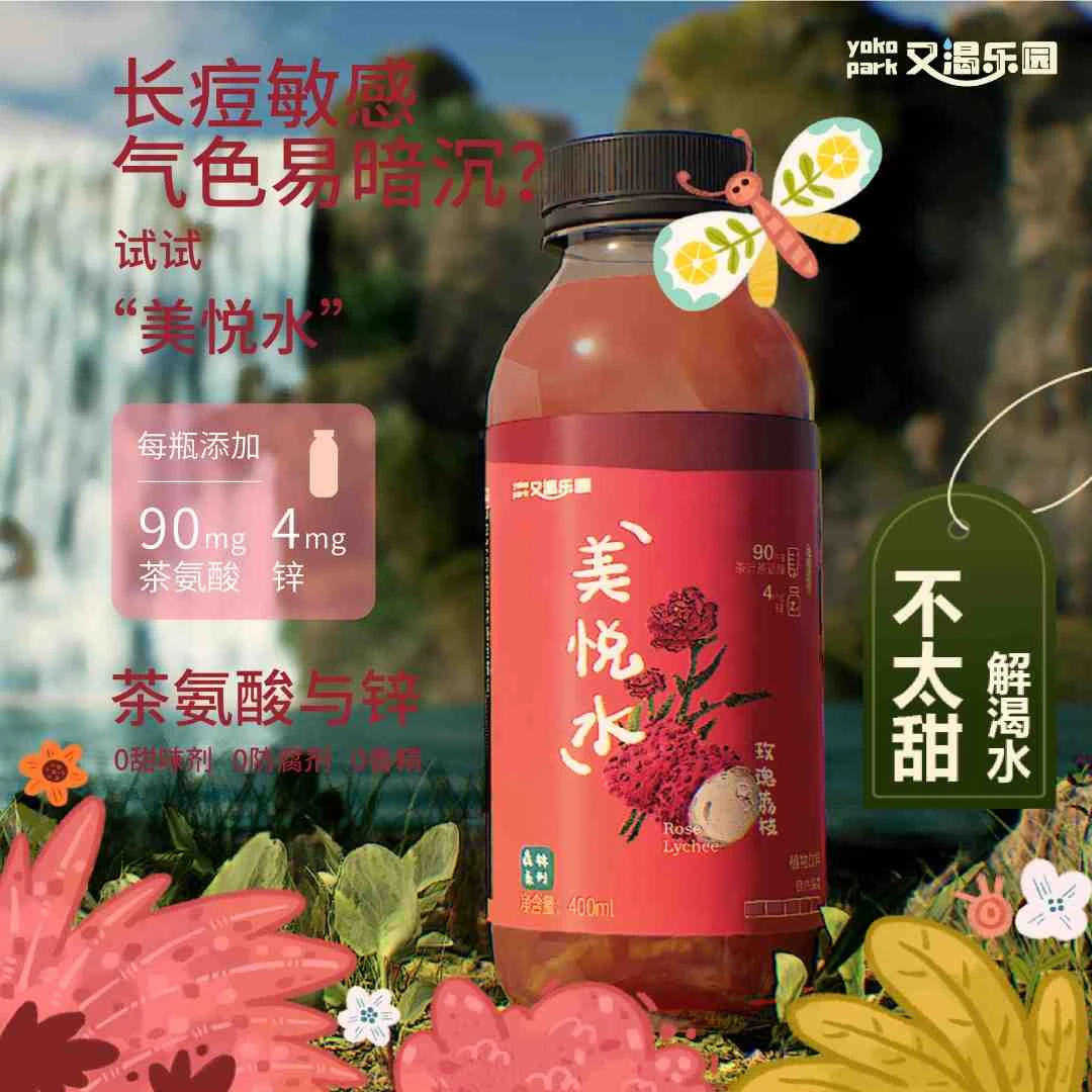 又渴乐园茶氨酸玫瑰荔枝功能饮料 400ml*12瓶 锌助皮肤美丽好心情