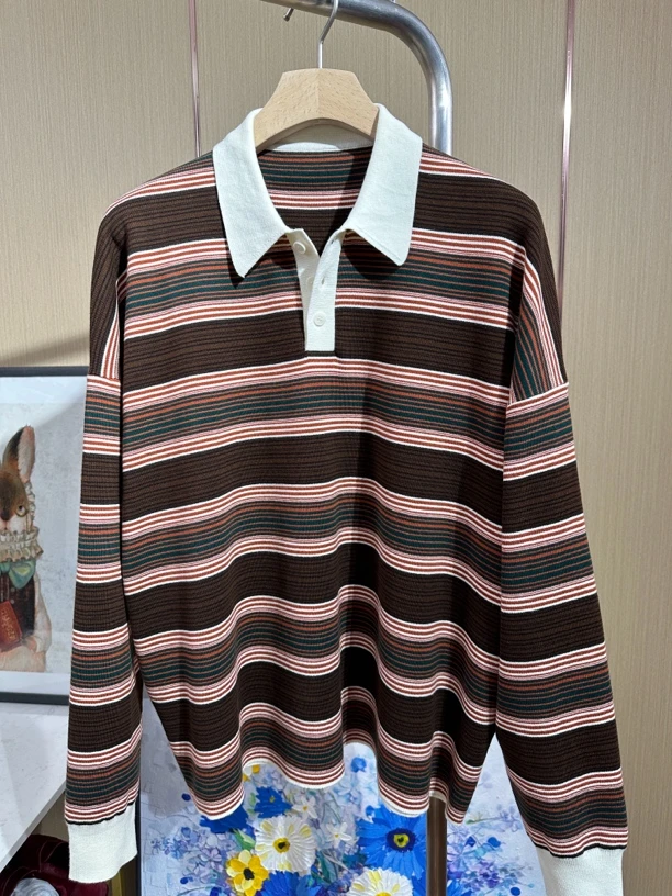 四平针翻领条纹百搭长袖上衣显瘦打底衫针织休闲春装T恤