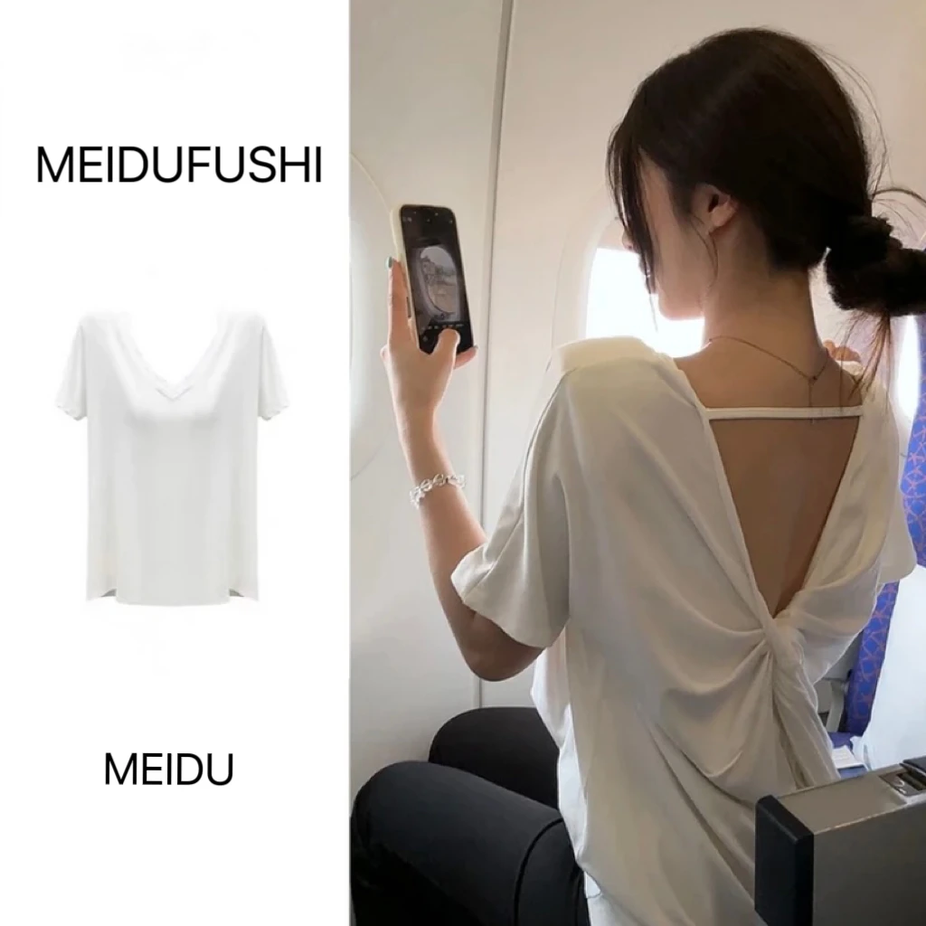 MeiDu2025夏季新款韩版时尚百搭ins后露背扭结宽松纯色短袖T恤女