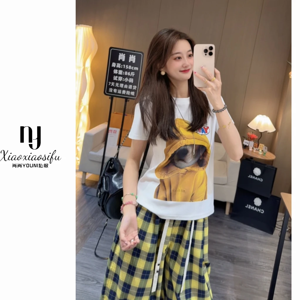 肖肖家-带帽小狗 极简风短袖常规圆领T恤夏装半袖夏季洋气