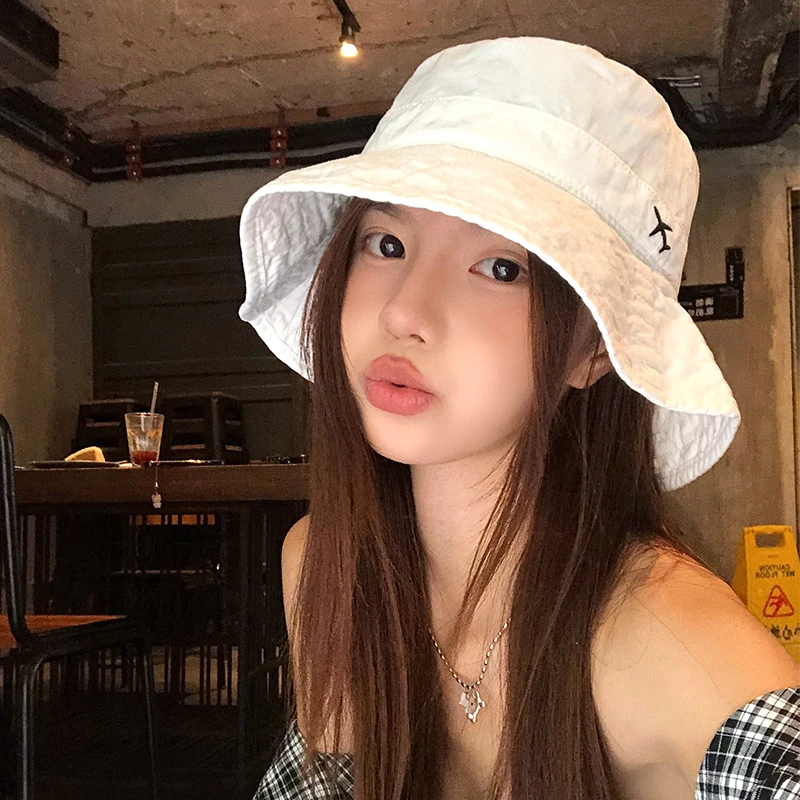 韩系大头围白色渔夫帽女夏季户外透气可折叠遮阳防晒帽显脸小盆帽