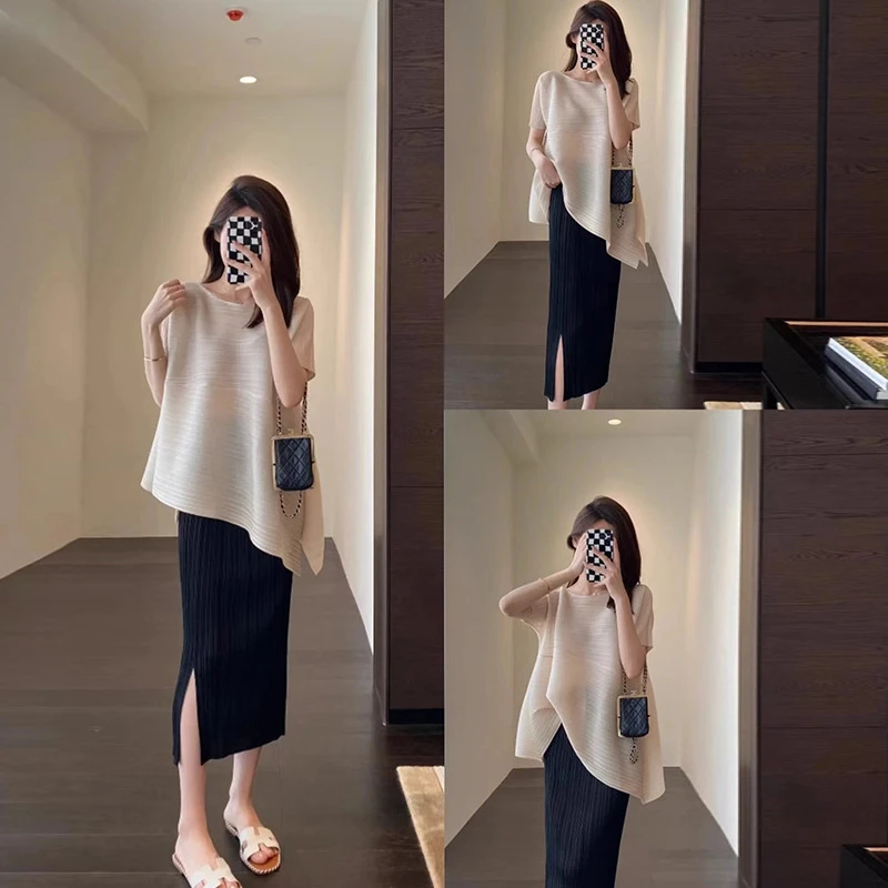 轻奢2025年新品气质名媛纯色宽舒适斜摆上衣包臀半裙夏季穿搭女