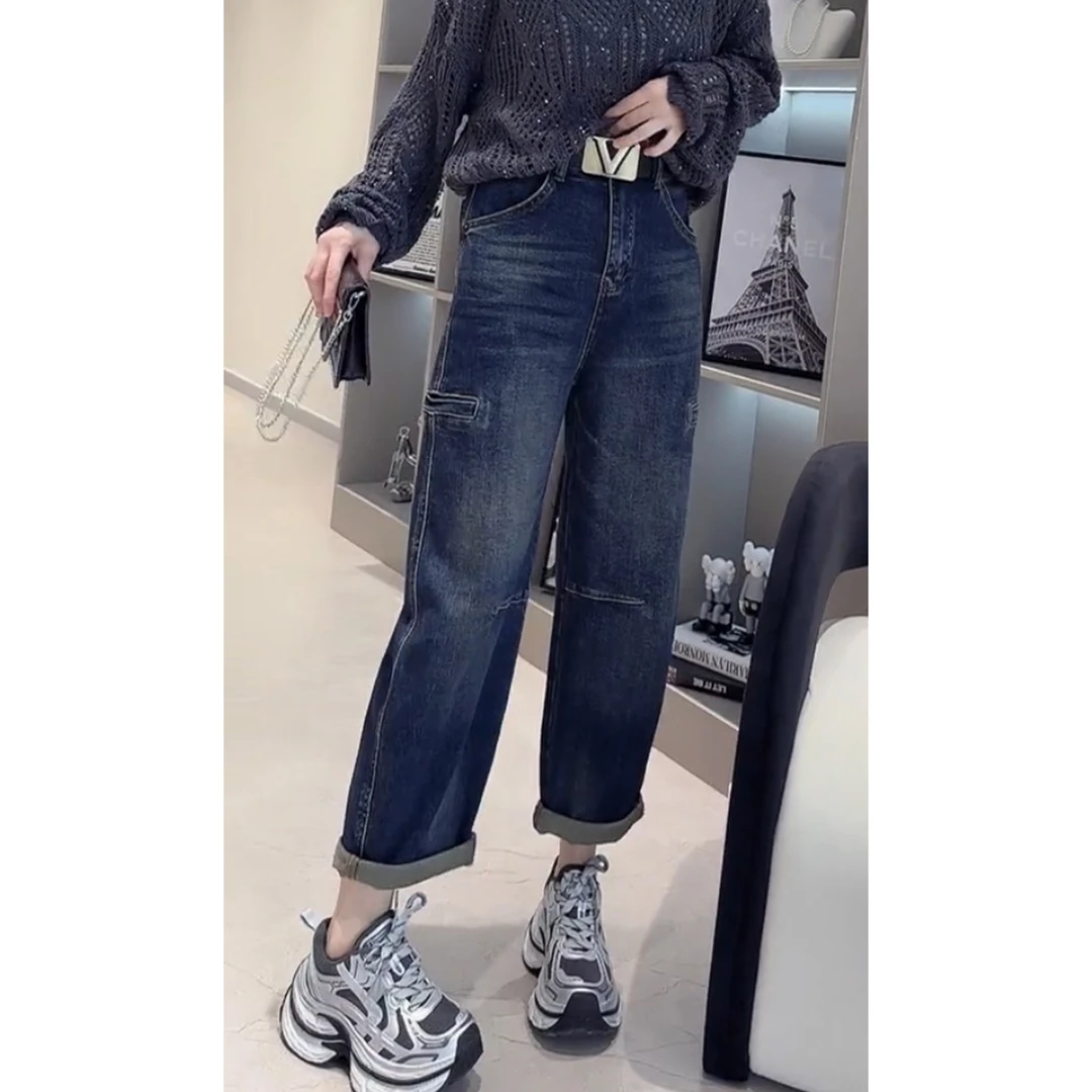 艾塔莉秋季常规款卷边牛仔裤百搭时尚萝卜裤复古休闲宽松阔腿裤女