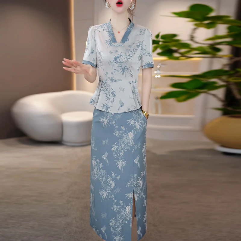 新中式套装连衣裙女2025新款夏减龄印花小衫半身裙国风穿搭两件套