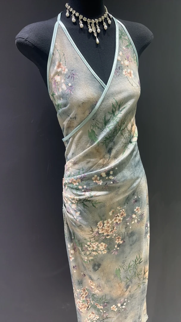 【Nice精选】夏季复古新中式国风素雅竹梅气质挂脖连衣裙