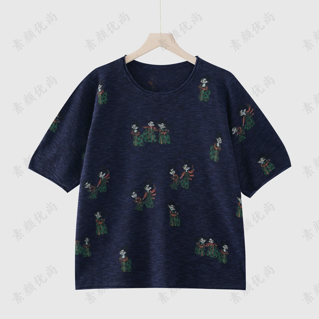 【素颜】2025夏季新款百搭透气麻圆领色织麻针织短袖上衣