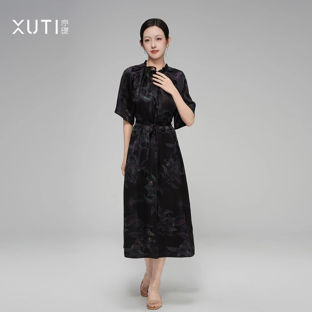 序缇新中式桑蚕丝香云纱短袖连衣裙女夏季高腰显瘦裙子H223-10509