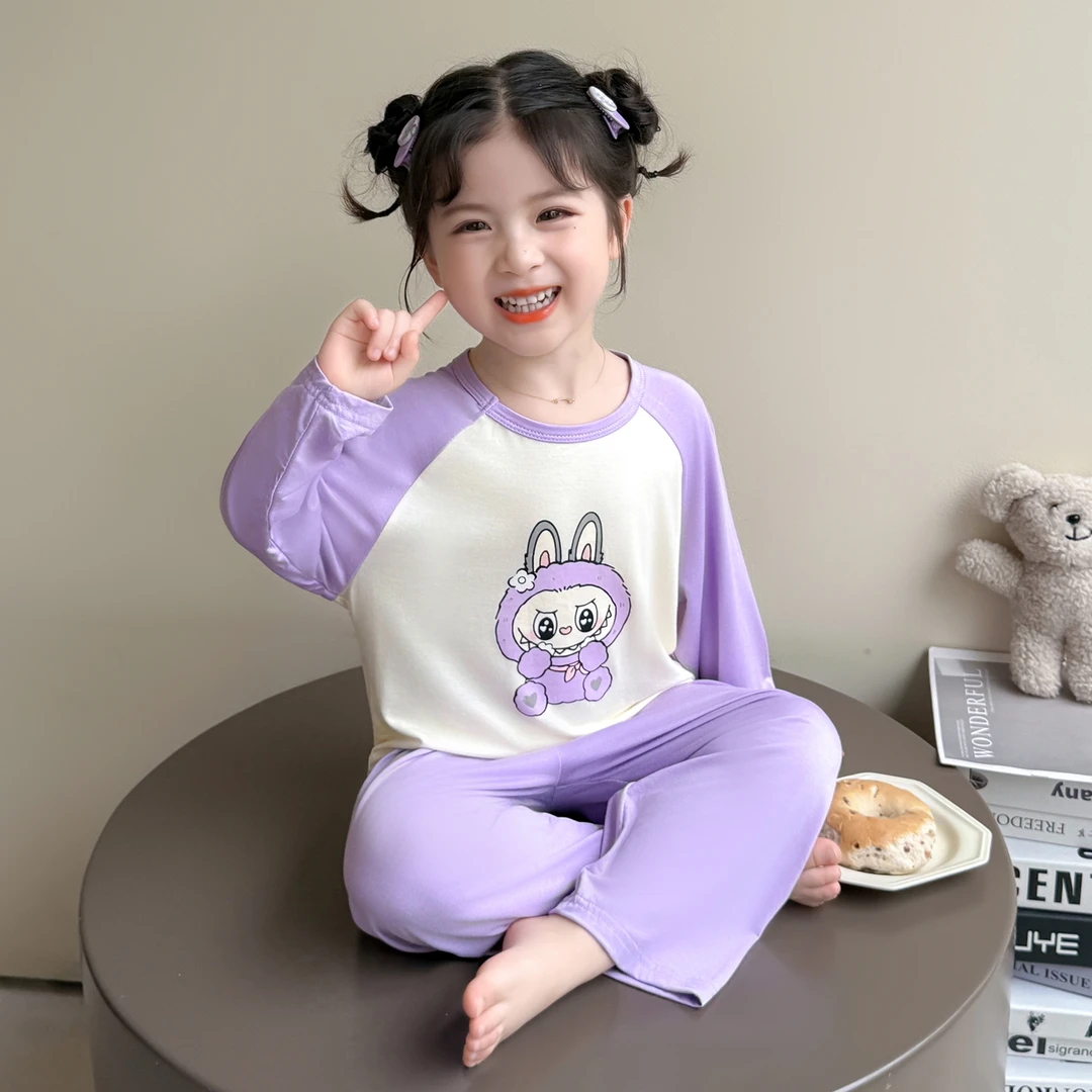 拉布布女童睡衣莫代尔夏季套装新款长袖宝宝女孩儿童睡衣儿童女