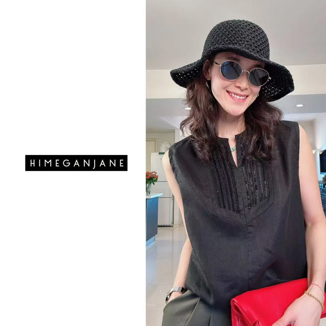 HIMEGANJANE “轻礼服”100%亚麻重工手工钉珠无袖上衣12147
