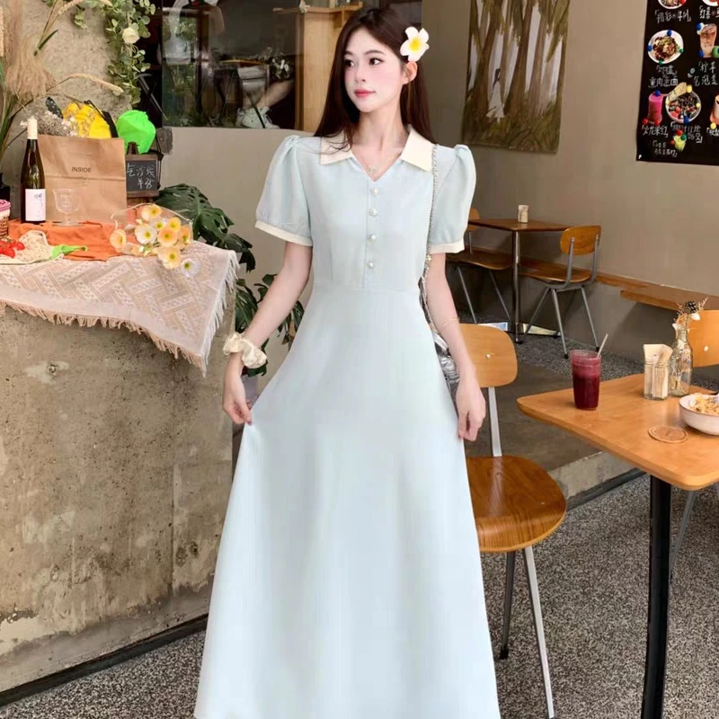 法式polo领连衣裙女夏季设计感复古裙子胖mm收腰显瘦a字长裙1846