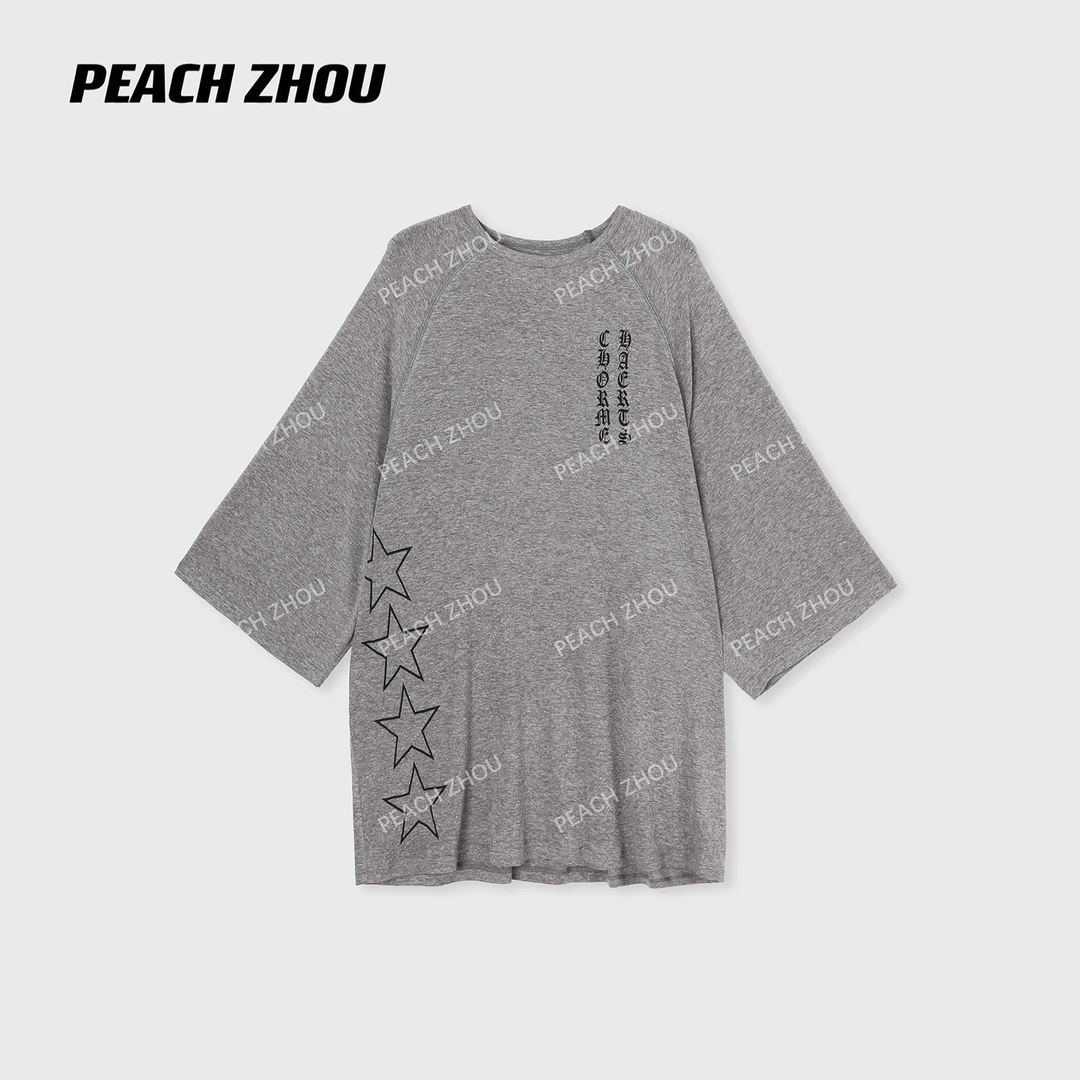 『PEACHZHOU』梵文五角星星印花宽松圆领七分袖美式休闲中性廓形T恤