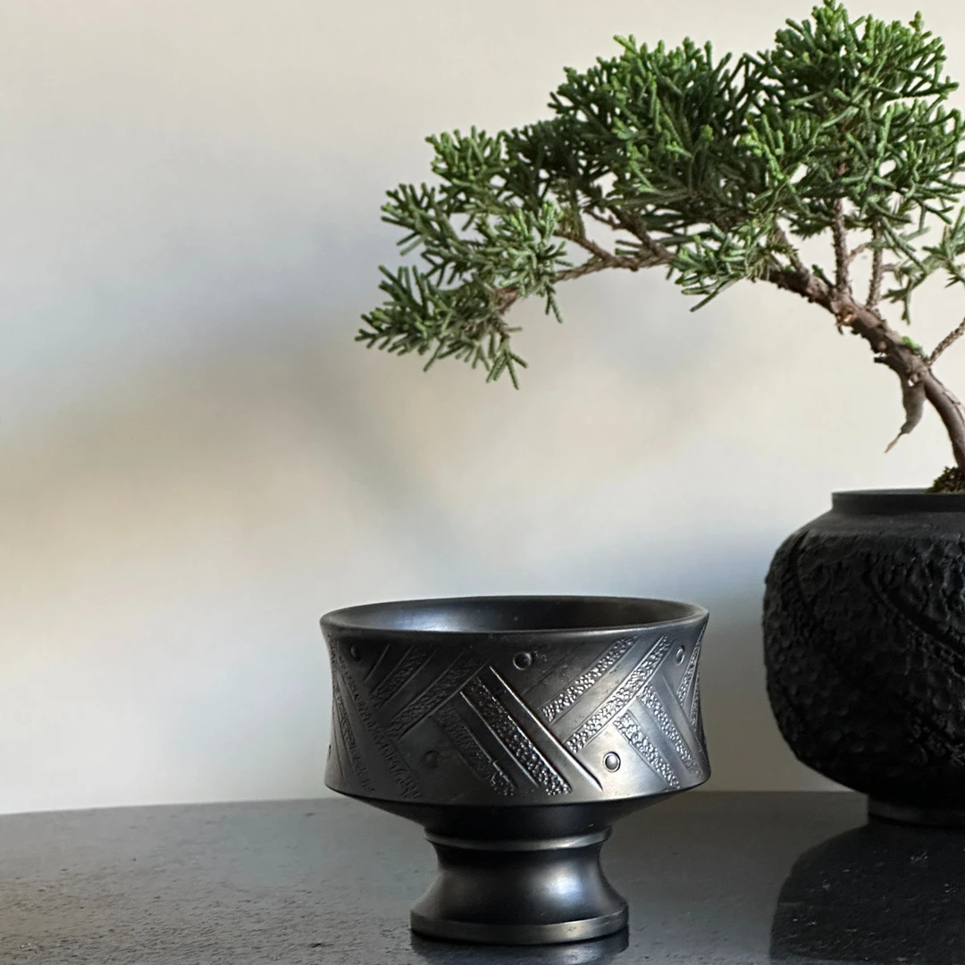 神农黑陶仿古锤线纹小口杯双色高足杯古法柴烧喝茶口感变香甜茶杯